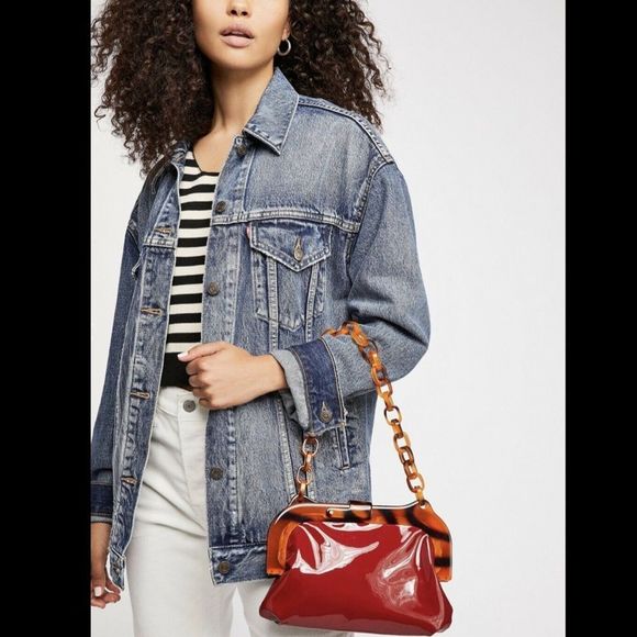 Free People Handbags - Free People Patent Bag red Clutch Link Chain trim